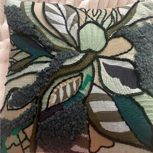 YaYa & Co Organic Cotton Multi- Green and Beige Embroidered Decorative Pillow